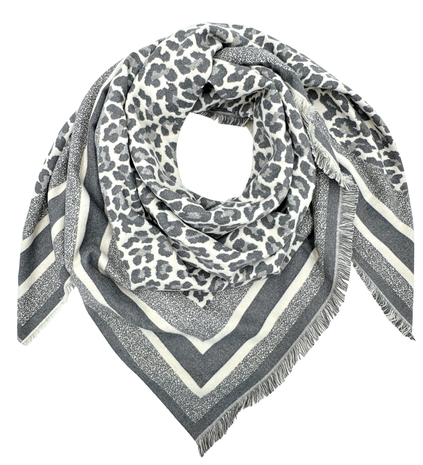 Gray and white patterned scarf with fringe on a white background