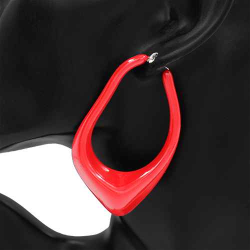 Oversized sculptural hoop earrings with abstract curved teardrop shape and glossy finish