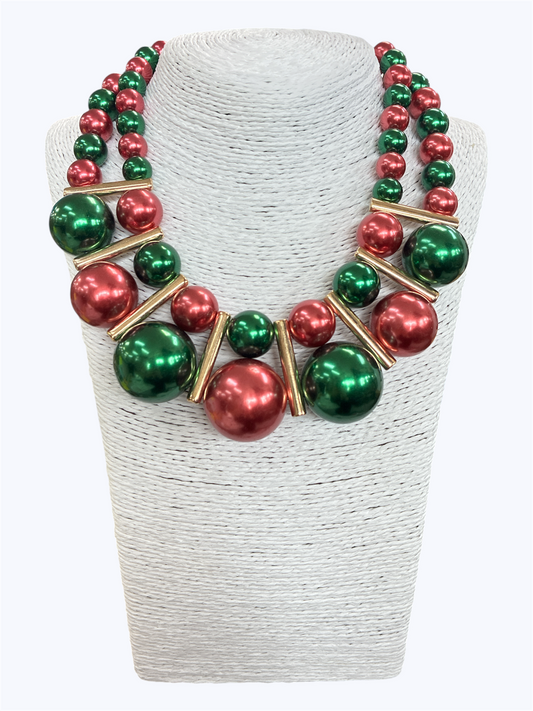 Chunky faux pearl statement necklace featuring oversized glossy pearl beads and gold-tone geometric accents in a bold collar silhouette.
