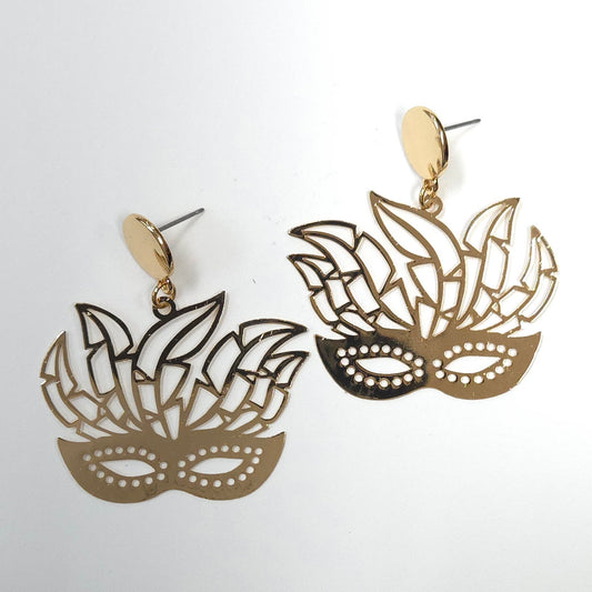 Pair of gold mask-shaped earrings on a white background