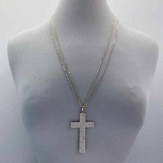 N0383 16901  Clear Rhinestones Decorated Cross Shape Pendant Long Necklace