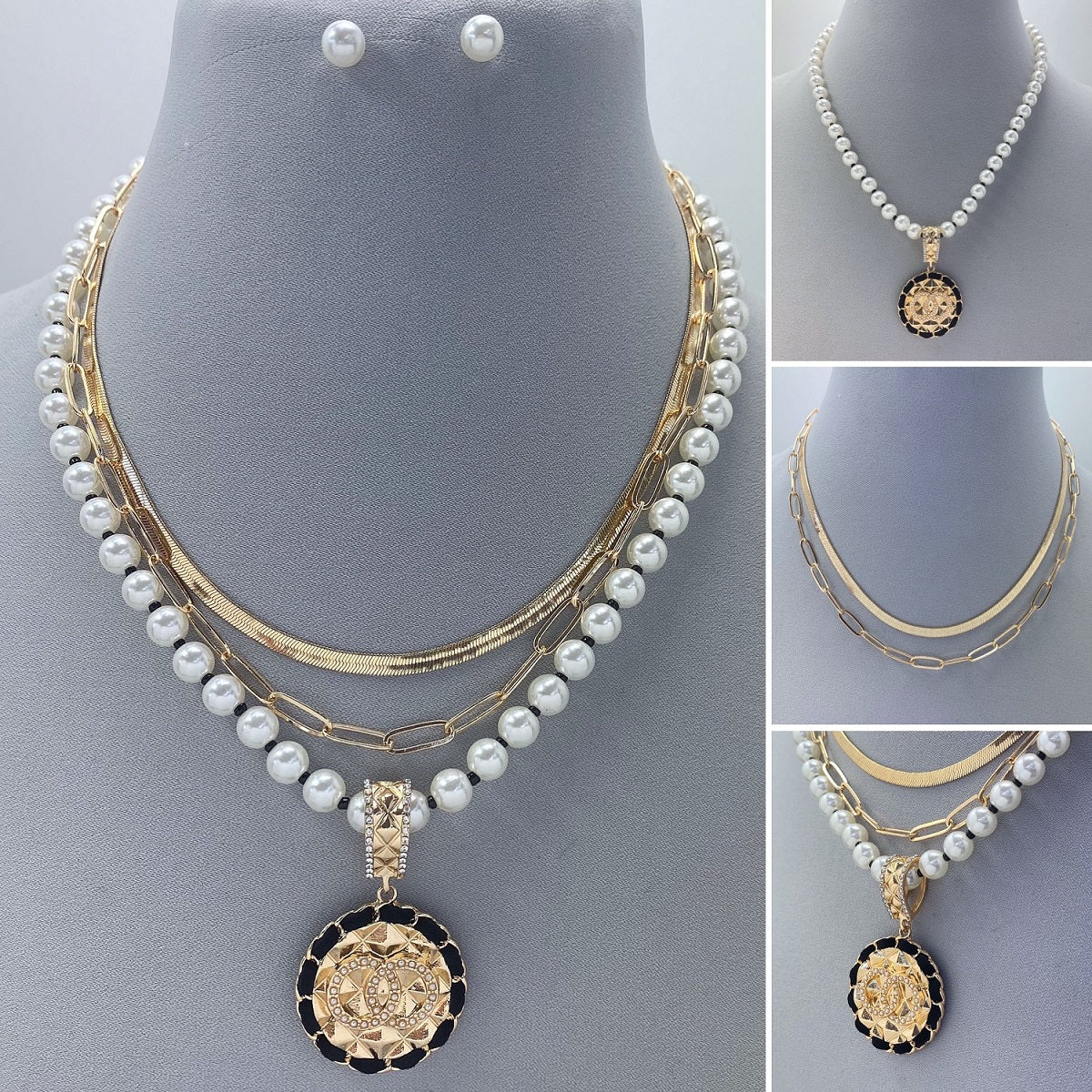 N0489 JCNE2857 Circle Shape Pendant Pearl Necklaces