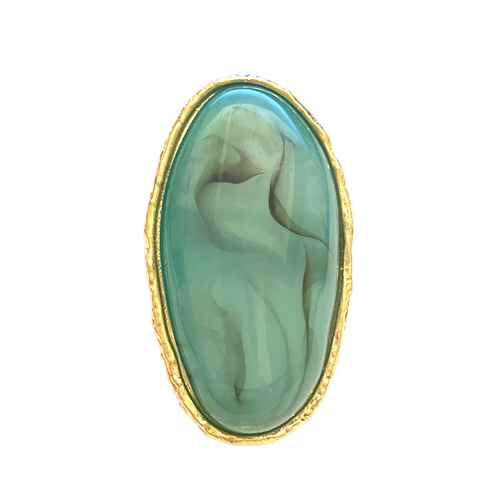Oversized oval resin cocktail ring with abstract swirl detailing and textured metallic trim.