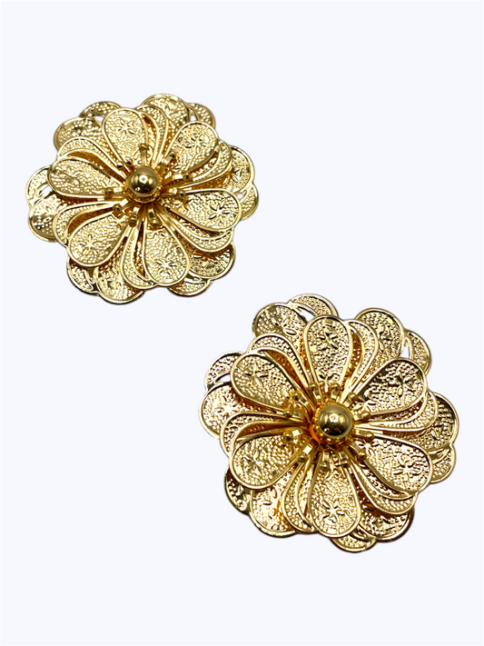 Intricate filigree flower stud earrings with layered petal design and textured metal detailing.