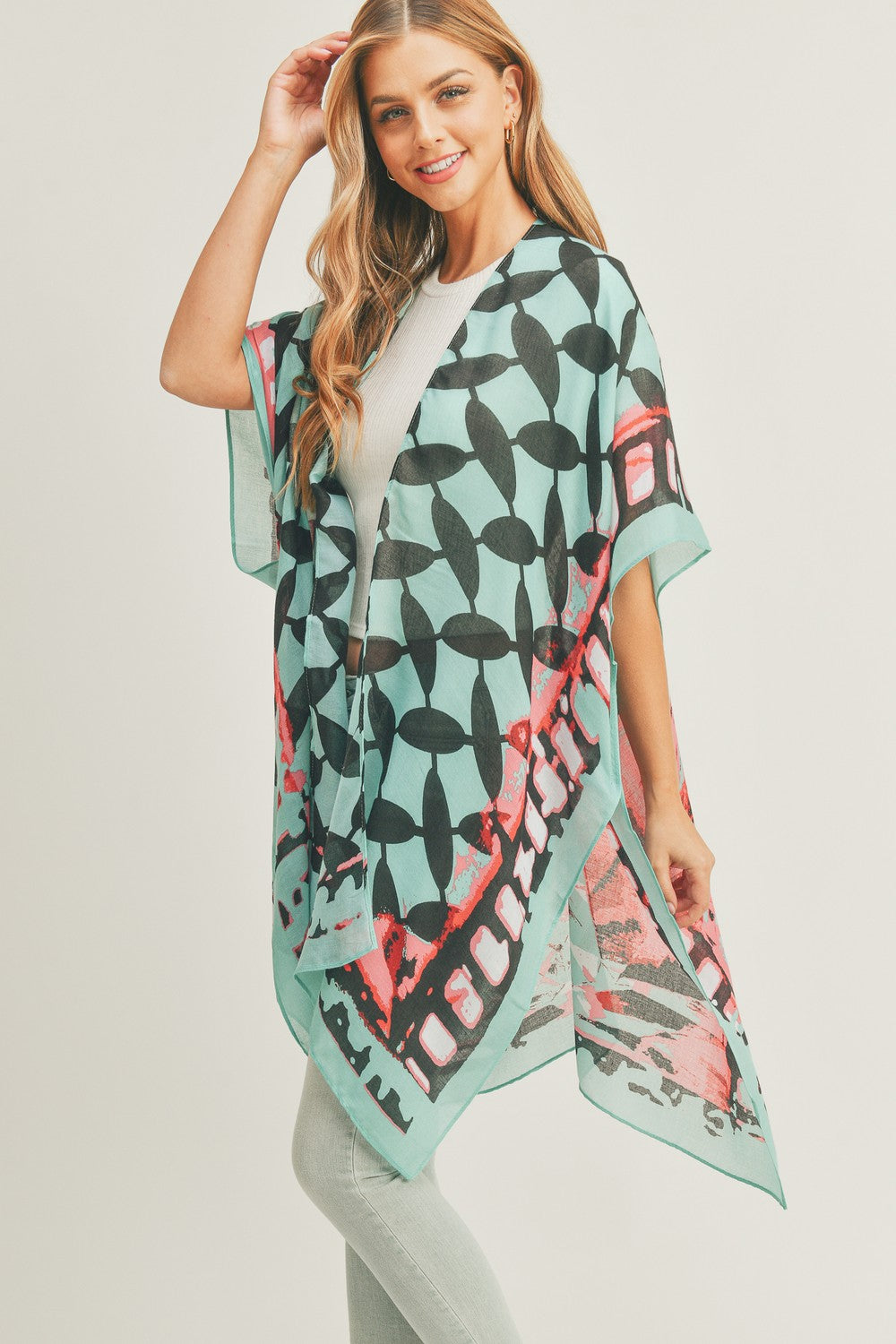 PS03 Geometric Print Sheer Kimono
