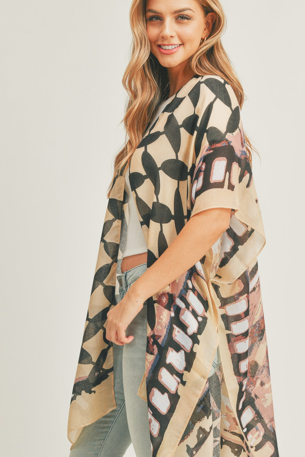 PS03 Geometric Print Sheer Kimono