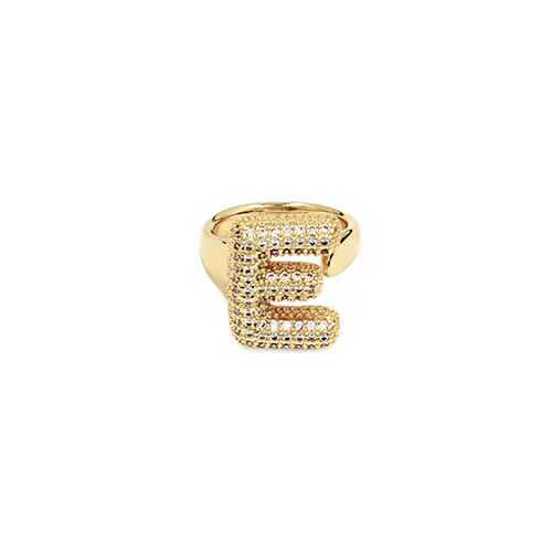 Adjustable pavé initial ring with sparkling rhinestones and bold alphabet design for personalized fashion styling.