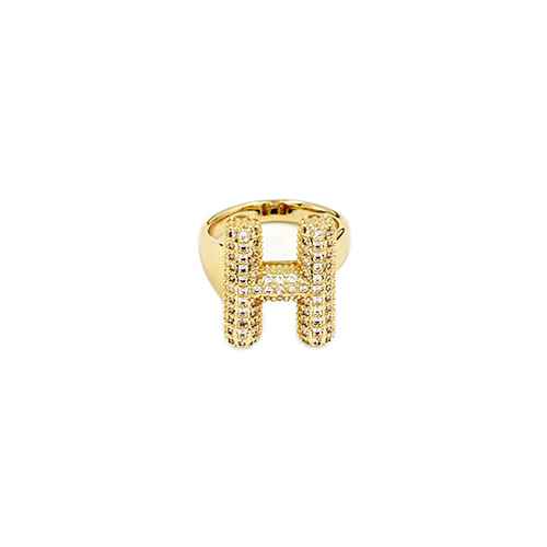 Adjustable pavé initial ring with sparkling rhinestones and bold alphabet design for personalized fashion styling.