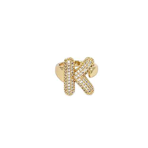 Adjustable pavé initial ring with sparkling rhinestones and bold alphabet design for personalized fashion styling.