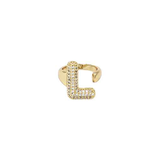 Adjustable pavé initial ring with sparkling rhinestones and bold alphabet design for personalized fashion styling.