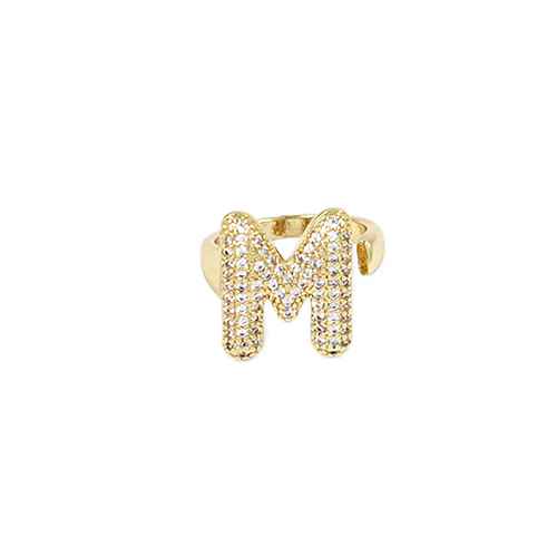 Adjustable pavé initial ring with sparkling rhinestones and bold alphabet design for personalized fashion styling.