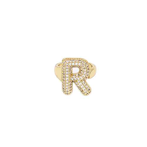 Adjustable pavé initial ring with sparkling rhinestones and bold alphabet design for personalized fashion styling.
