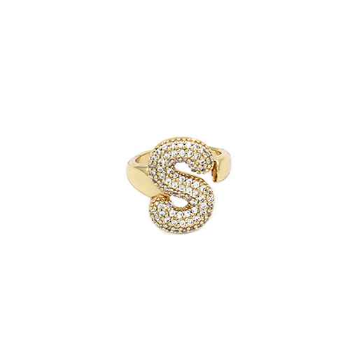 Adjustable pavé initial ring with sparkling rhinestones and bold alphabet design for personalized fashion styling.