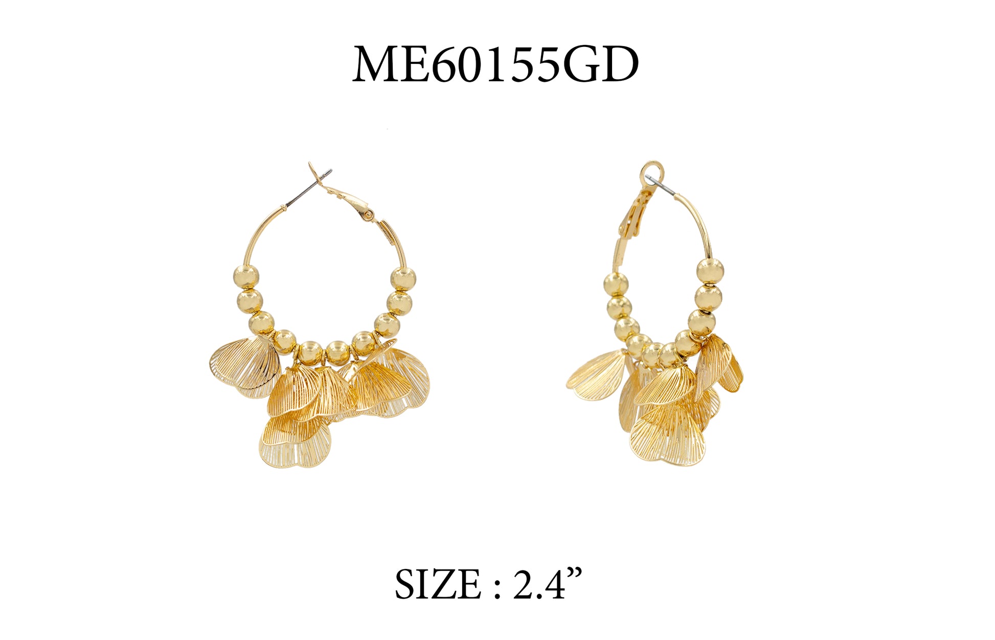 Gold earrings with floral designs on a white background