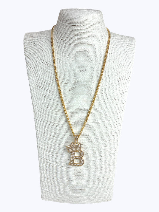 ''B''  Rhinestones  Crown Initial Letter Chain Necklace