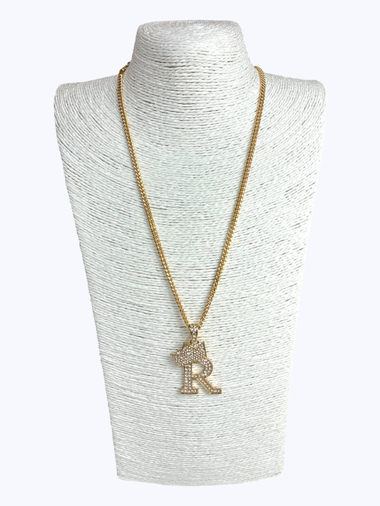 ''R''  Rhinestones  Crown Initial Letter Chain Necklace