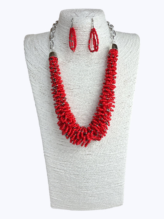 Red Beaded Statement Necklace