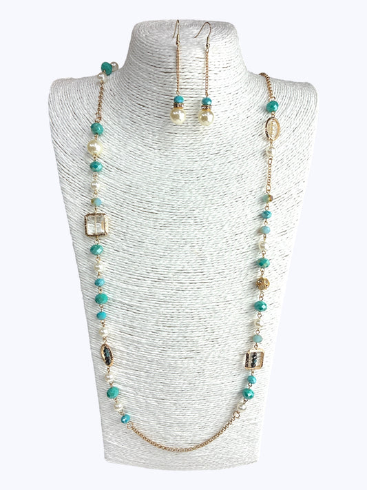 Crystal and Pearl Long Necklace Set