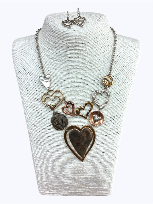 N0429 | Antique Tone Metal Heart Designs Linked Necklace | QNE15572