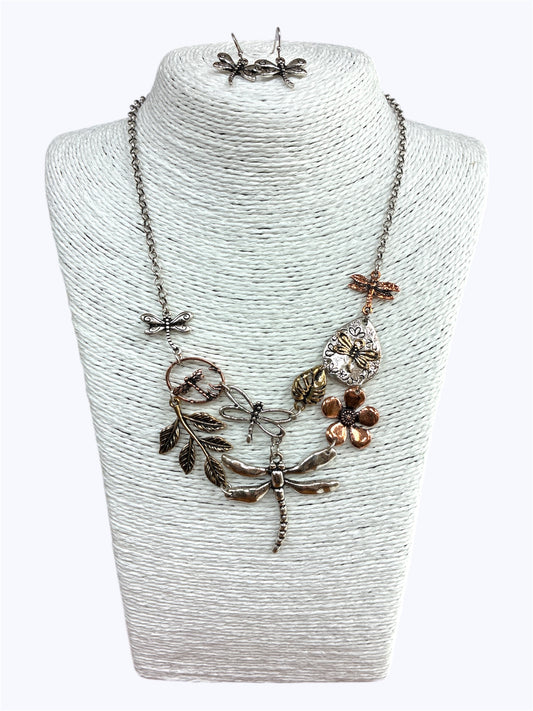 N0425 | Antique Tone Metal Flower Dragonfly  Necklace Set | QNE15313