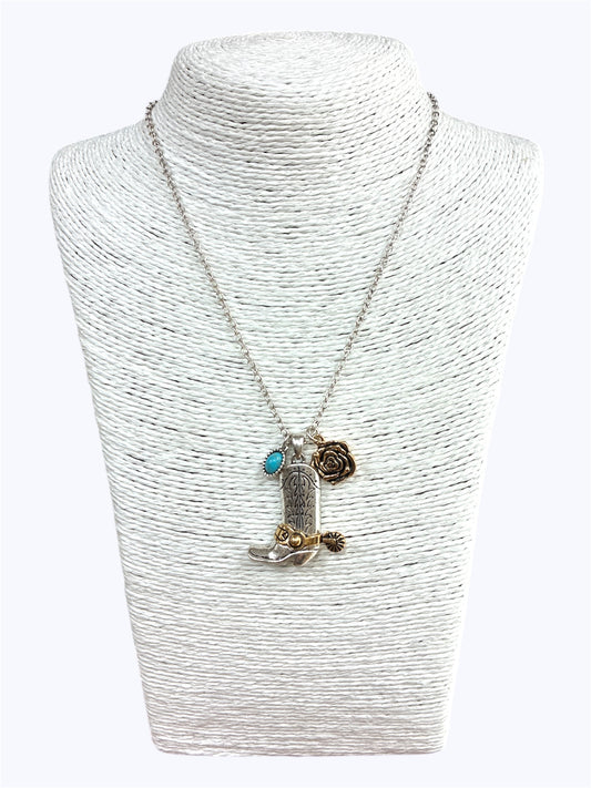 N0541 AN4532 Semi-Stone Deco Cowboy Boot Pendant Necklace