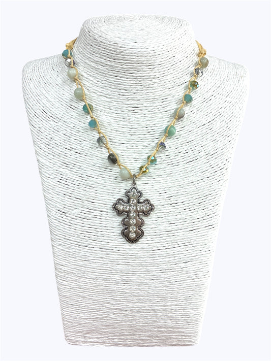 Silver Cross Amazonite Semi Precious Stone Necklace
