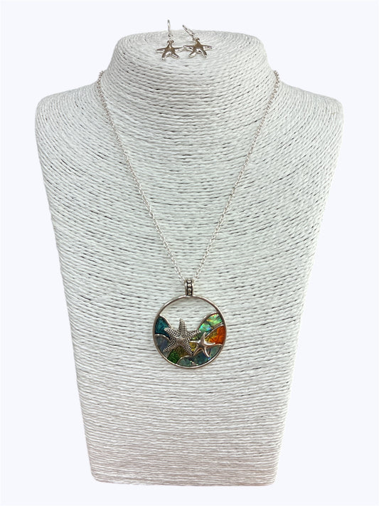 N0459 | Starfish Ocean Wave Circle Shape Pendant Necklace|AS6425