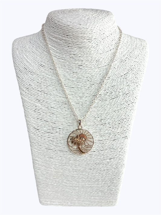 N0502|  Palm Tree Beach Sun Design Circle Pendant Necklace|AN2568