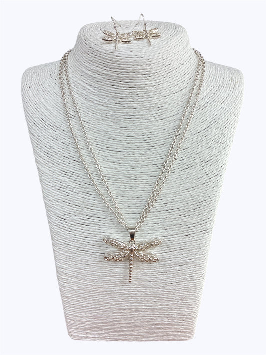Silver Dragonfly Necklace Set