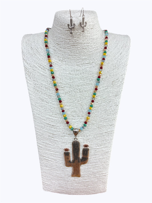 Silver Cactus Multi Color Crystal Necklace