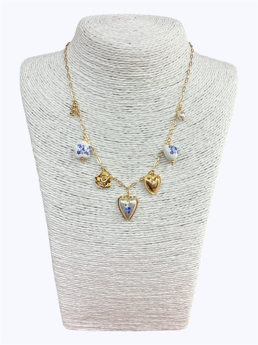 N0044|Blue White Heart Charms Necklace.. |C4N2189