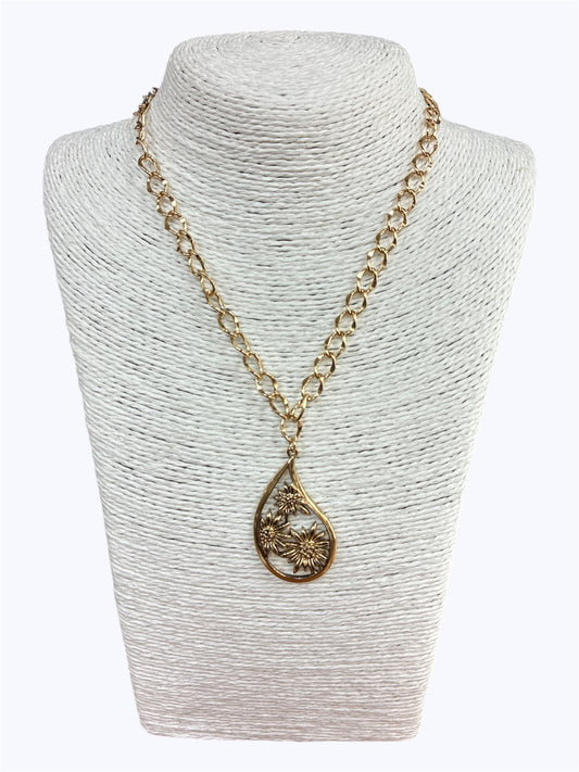 N0447 |Sunflower Design Teardrop Shape Necklace |N1014