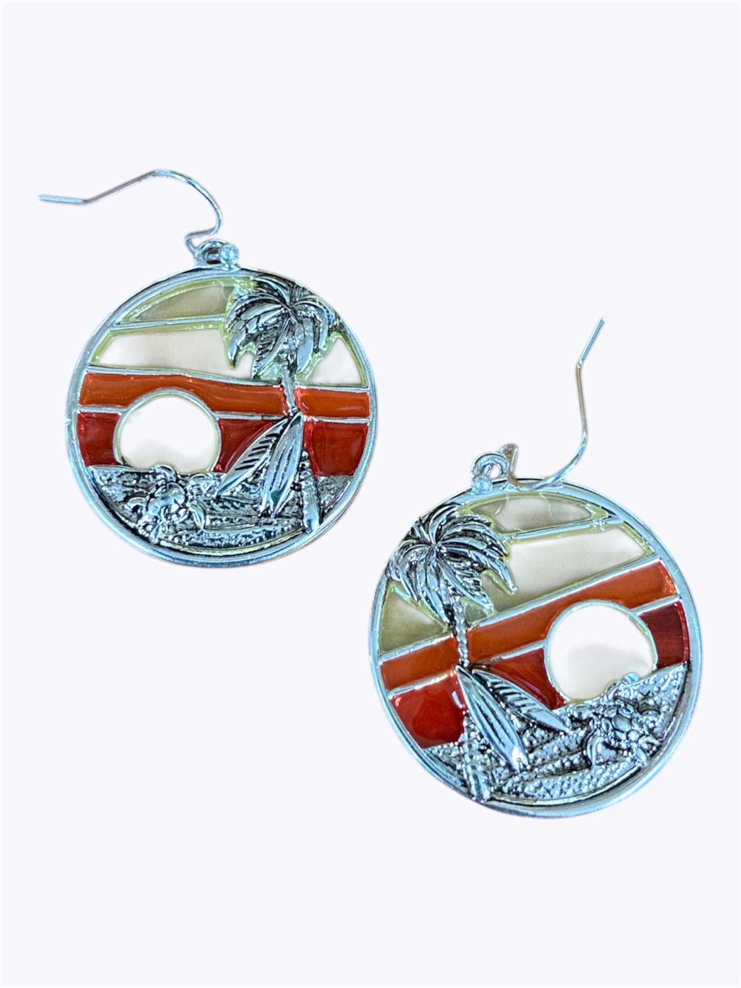 E0964 |  Palm Tree Beach Sun Design Circle Shape Drop Dangle Hook Earrings |AE6972