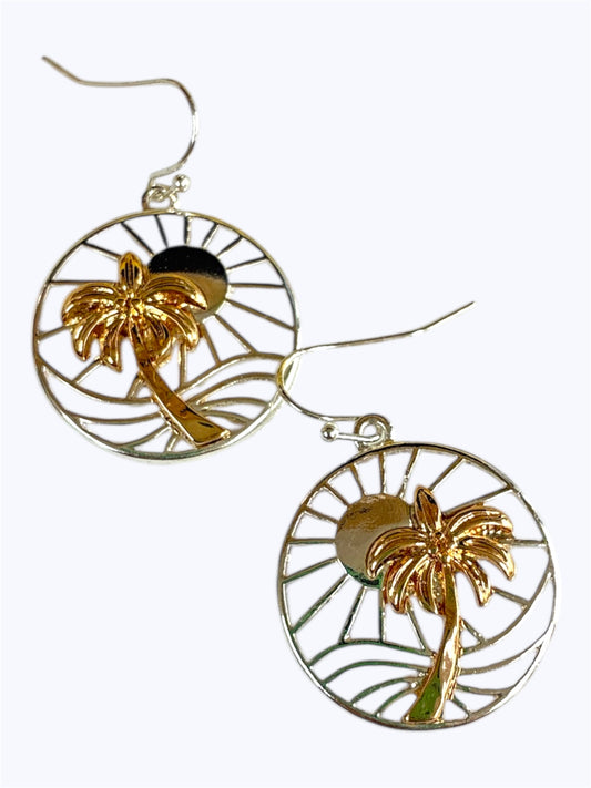 E0966| Sun Palm tree design Circle Shape Drop Dangle Hook Earrings|AE3855
