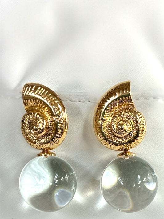 E0775| Large Gold Shell Clear Ball Earrings | 25E5520