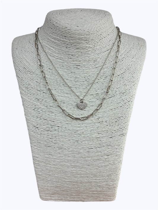 N0316| Rhodium Plated Double chain Heart Necklace| NE8674