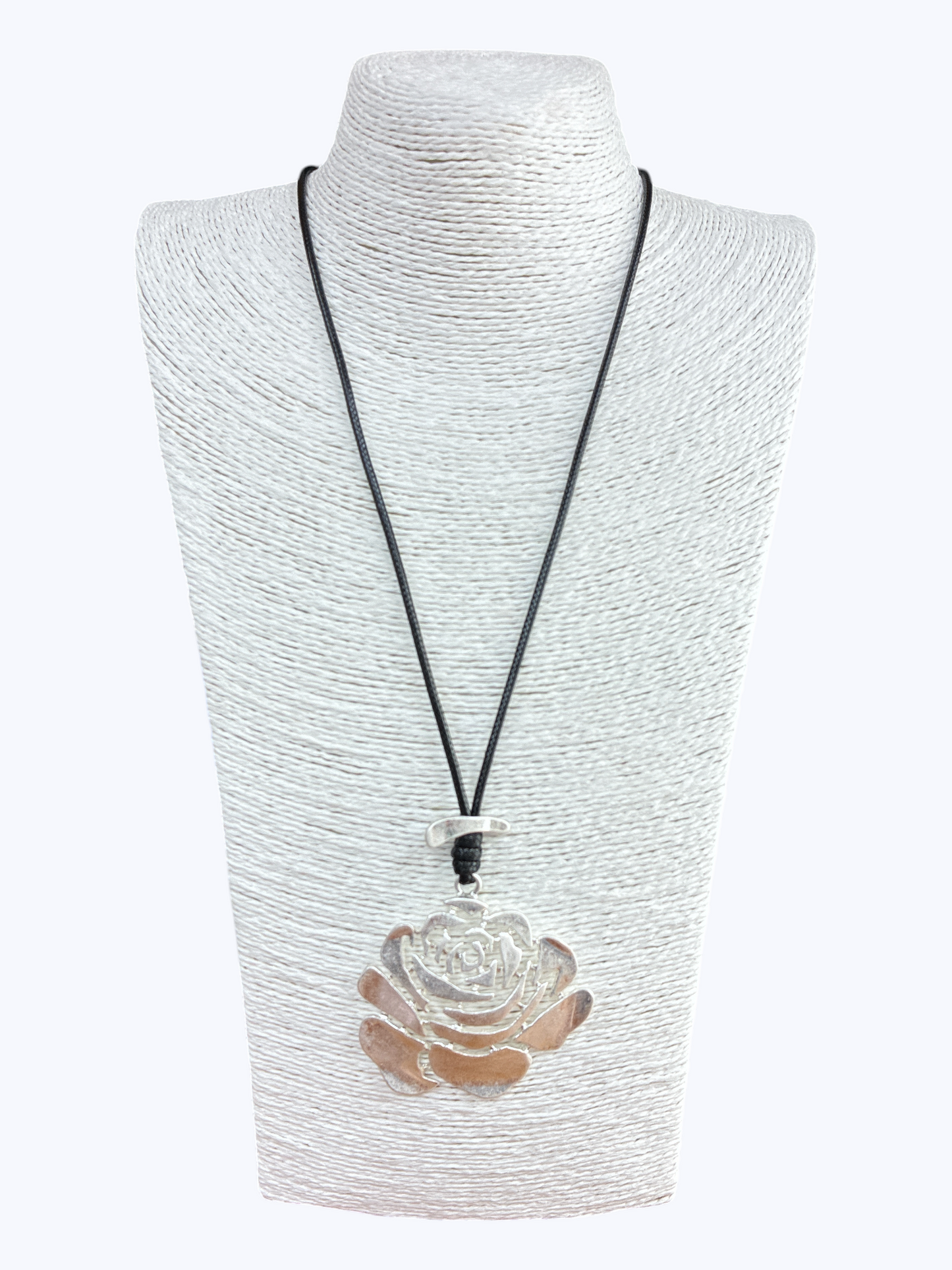 N5141 | Silver Matte Rose Black Cord Necklace | NK26116