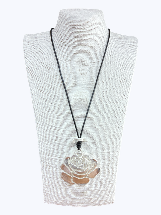N5141 | Silver Matte Rose Black Cord Necklace | NK26116