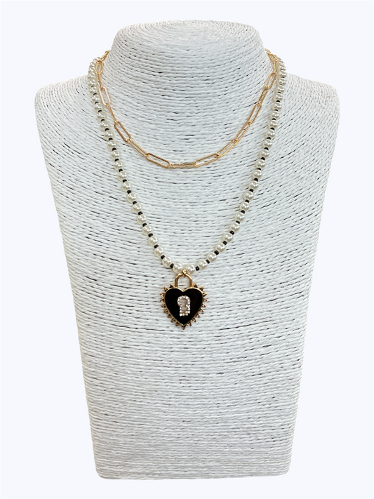 N0337| Black Heart Pearl Necklace |JCNE2864