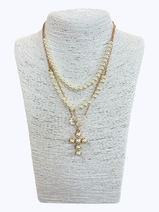 N0132| Cross Layered Pearl Necklace | QN4592