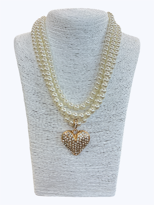 N3125|Layered Pearl with Heart  Rhinestones Necklace| JCNE3082