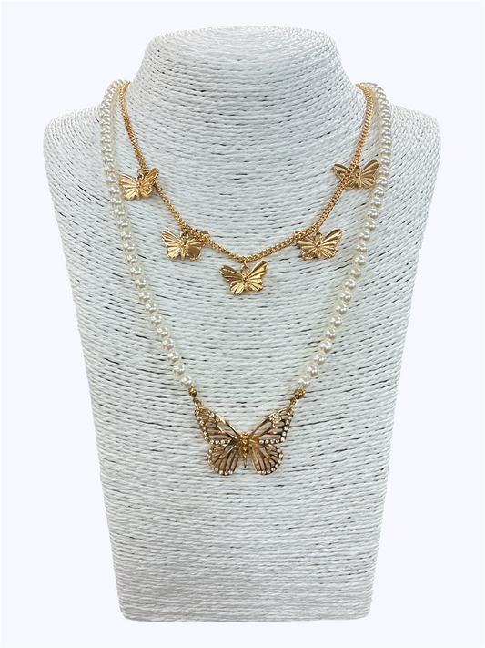 Butterfly Charms double chain Pearl Necklace