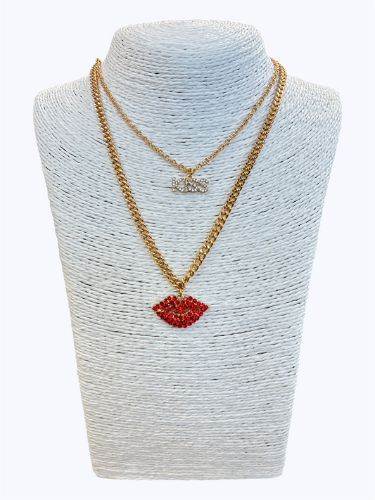 Kiss and Lips Chain Link Necklace