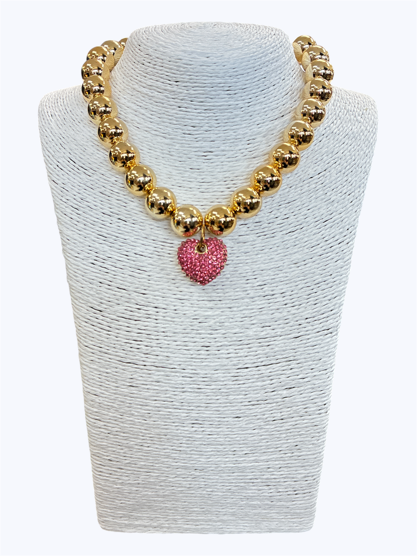 Pink Rhinestones Heart Beaded Ball Necklace
