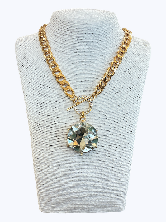 N3135 |Rhinestone Accented Circle Shape Pendant Chain  Necklace |KS7145