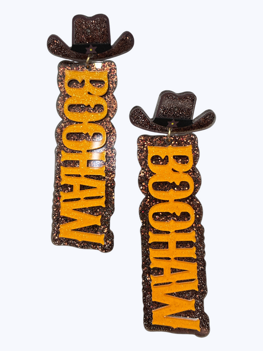 E1028 13-6639 Acrylic Western Theme Word BOOHAW Drop Dangle Post Earrings