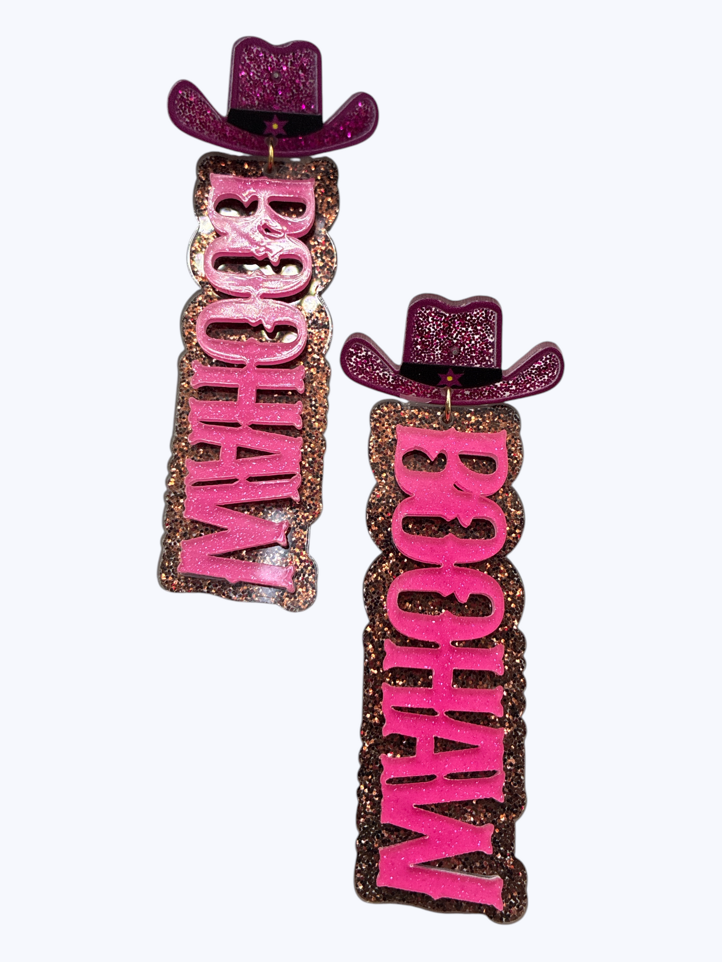 E1028 13-6639 Acrylic Western Theme Word BOOHAW Drop Dangle Post Earrings