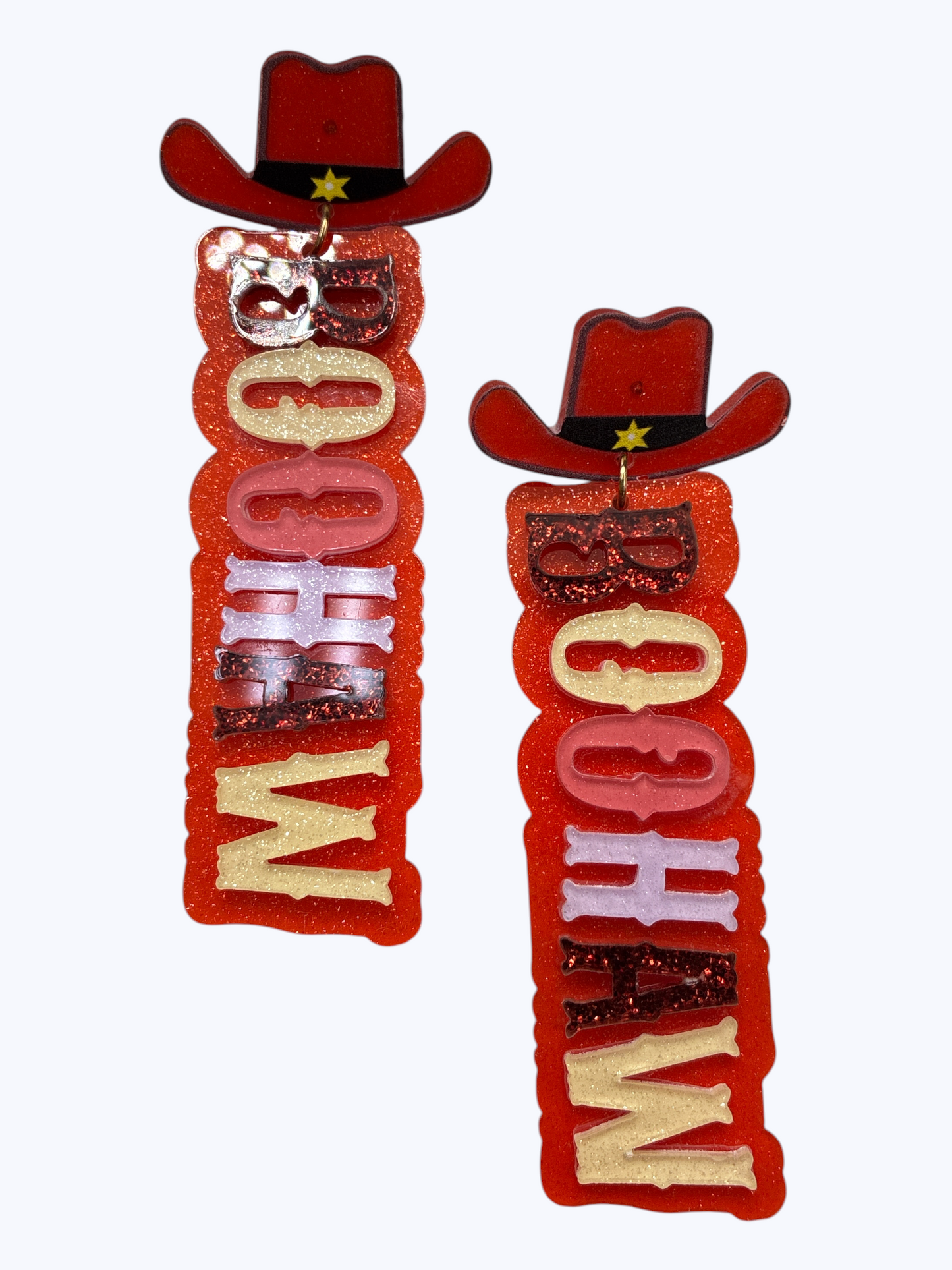 E1028 13-6639 Acrylic Western Theme Word BOOHAW Drop Dangle Post Earrings