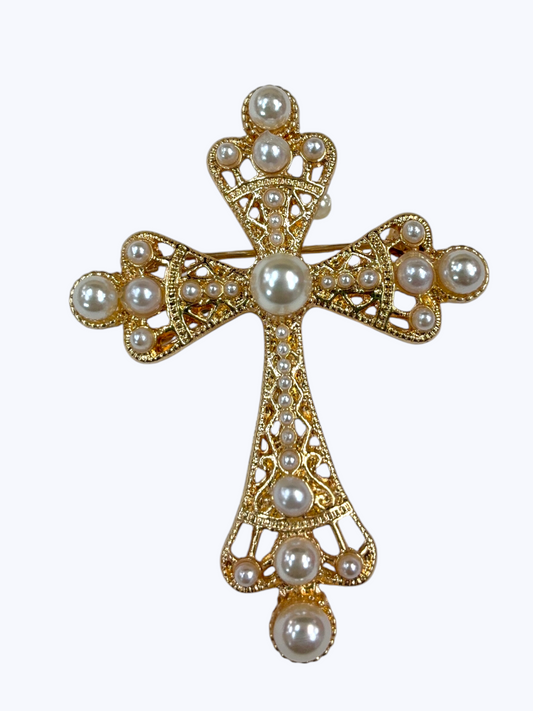 Decorative Cross Pearl Brooch | BR0498