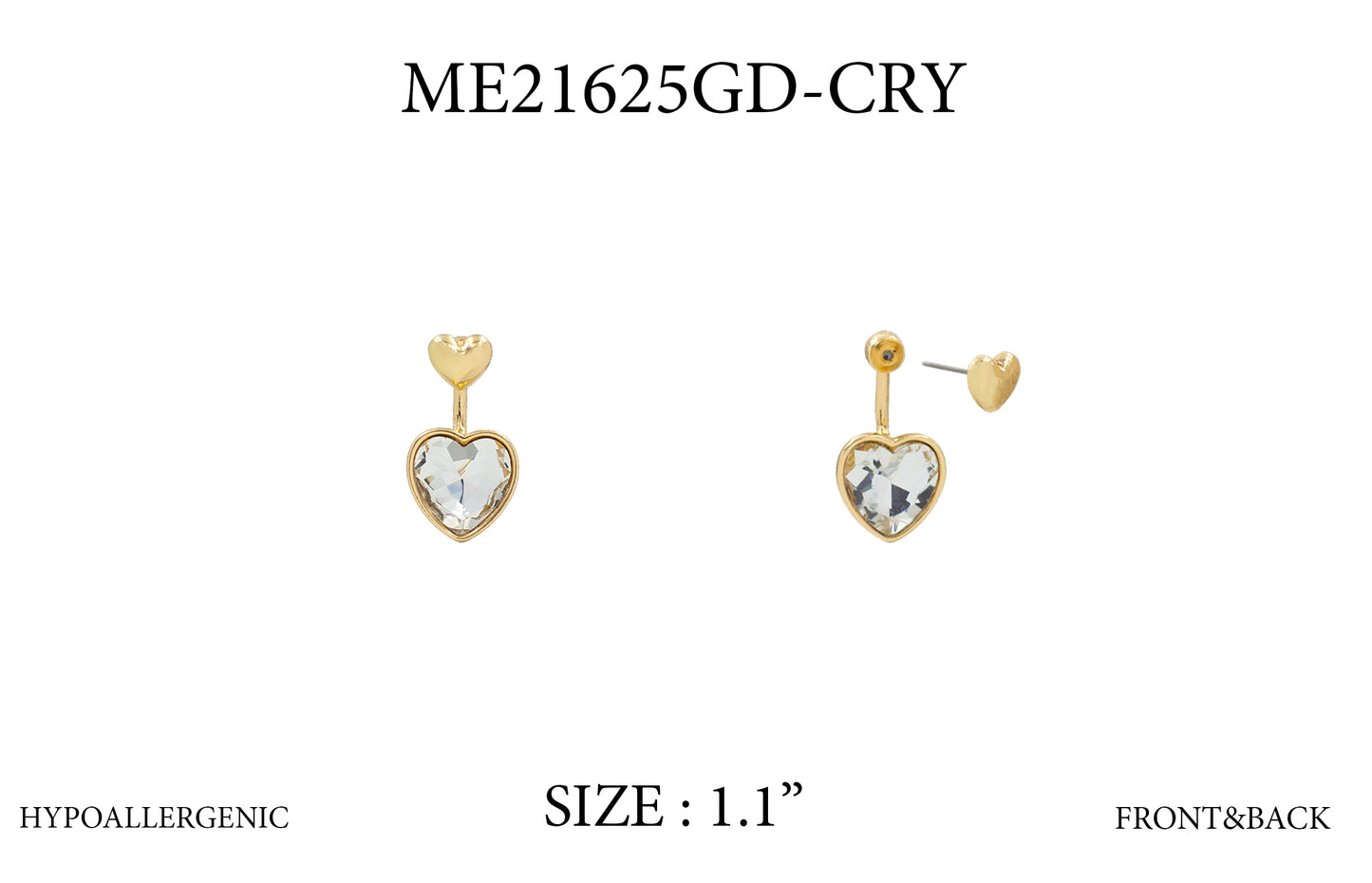 Gold heart-shaped earrings with clear gemstones on a white background, labeled ME21625GD-CRY.